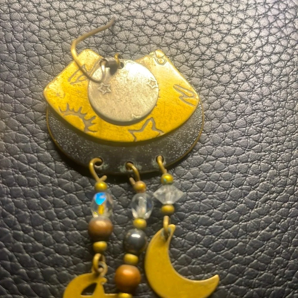 Vintage handmade stamped brass celestial style dangle drop earrings